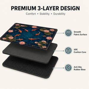 May include: A three-layer mouse mat with a koi pond design. The top layer has a smooth fabric surface with a blue pond, orange koi carp, and pink water lilies. The middle layer is a cushion core, and the bottom is an anti-slip rubber base.