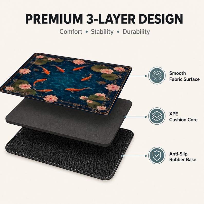 May include: A three-layer mouse mat with a koi pond design. The top layer has a smooth fabric surface with a blue pond, orange koi carp, and pink water lilies. The middle layer is a cushion core, and the bottom is an anti-slip rubber base.
