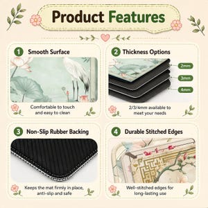 May include: Product features of a decorative mat, including a smooth surface, thickness options of 2mm, 3mm, and 4mm, non-slip rubber backing, and durable stitched edges. The mat features a floral and bird design.