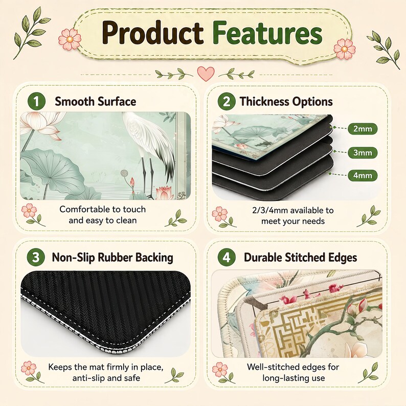 May include: Product features of a decorative mat, including a smooth surface, thickness options of 2mm, 3mm, and 4mm, non-slip rubber backing, and durable stitched edges. The mat features a floral and bird design.