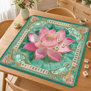 Mahjong Mat, Pink Lotus Flower Mahjong Table Mat, Elegant Floral Mah Jongg Mat, Non Slip Game Mat, Luxury Lotus Gift,Art Nouveau Lotus image 1