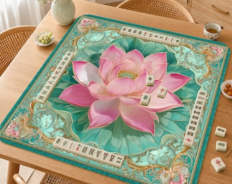 Mahjong Mat, Pink Lotus Flower Mahjong Table Mat, Elegant Floral Mah Jongg Mat, Non Slip Game Mat, Luxury Lotus Gift,Art Nouveau Lotus