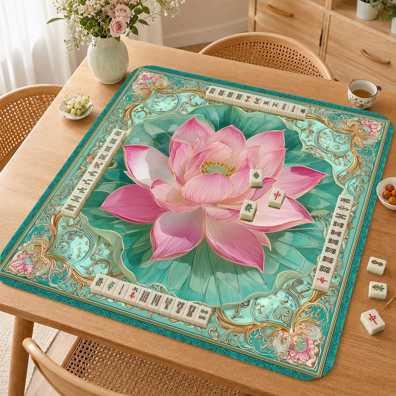 Mahjong Mat, Pink Lotus Flower Mahjong Table Mat, Elegant Floral Mah Jongg Mat, Non Slip Game Mat, Luxury Lotus Gift,Art Nouveau Lotus image 1