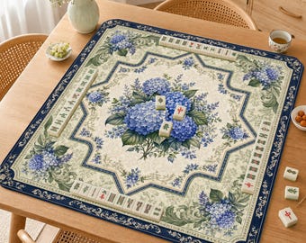 Mahjong Mat, Elegant Blue Floral Mah Jongg Mat, Vintage Botanical Table Game Mat,Hydrangea Garden