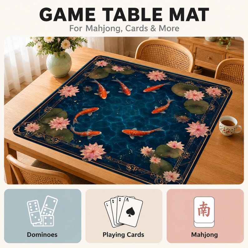 May include: A rectangular game table mat featuring a blue water design with koi carp and lotus flowers. The mat is labelled "GAME TABLE MAT" and is suitable for Mahjong, cards, and dominoes.