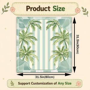 Pode incluir: Artigo decorativo quadrado com um design de palmeiras. O artigo mede 80 cm de cada lado, com um fundo listrado em azul claro e branco. O texto "Product Size" e "Support Customization of Any Size" s&atilde;o vis&iacute;veis.