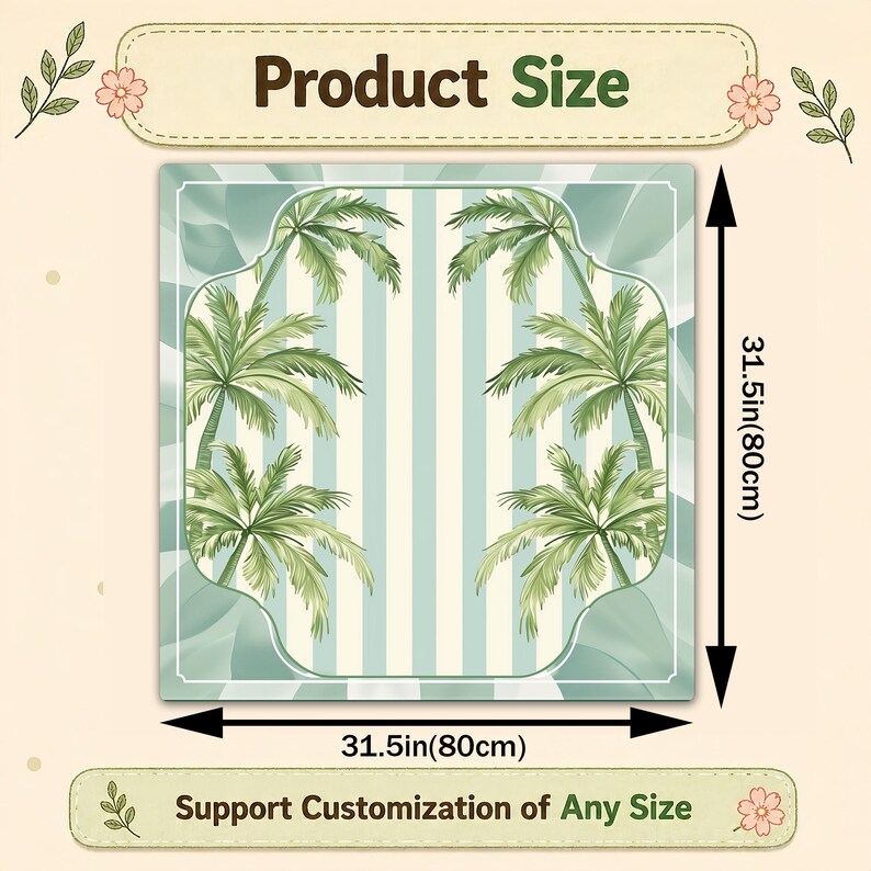 Pode incluir: Artigo decorativo quadrado com um design de palmeiras. O artigo mede 80 cm de cada lado, com um fundo listrado em azul claro e branco. O texto "Product Size" e "Support Customization of Any Size" s&atilde;o vis&iacute;veis.