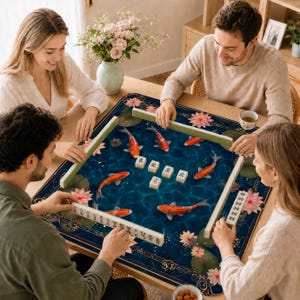May include: Four people playing Mahjong on a table. The blue mat features a koi carp design, lotus flowers, and Chinese characters. The players are seated around a wooden table, enjoying the game. The game is in progress.