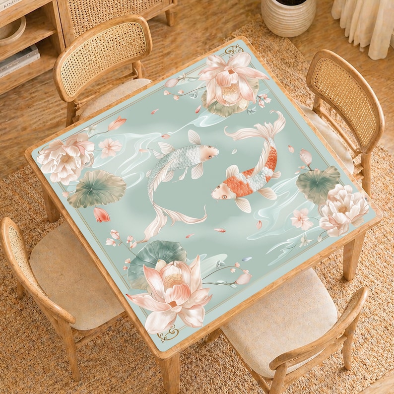 May include: Square wooden table with a light blue surface featuring a koi fish and lotus flower design. The table is surrounded by four wooden chairs with woven backs. The design includes pink and white flowers and green lily pads.