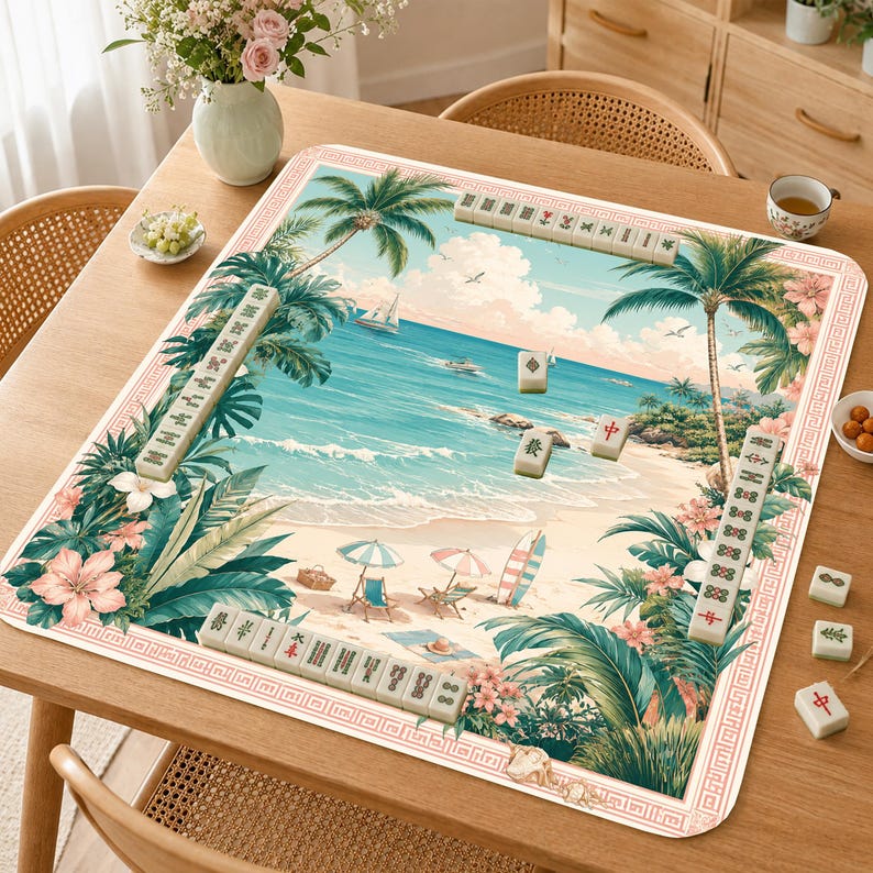 May include: A rectangular mahjong mat featuring a tropical beach scene with palm trees, ocean waves, and colorful umbrellas. The mat is bordered by a decorative pattern and includes several mahjong tiles arranged in rows and scattered on the surface.