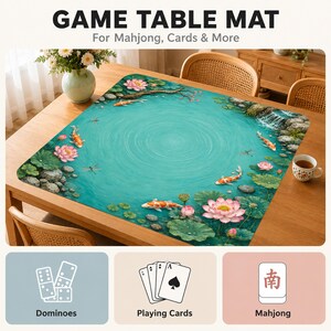 Mahjongmatte, Lotusblütenspielmatte, ruhiger Wassergarten Mah Jongg Tischabdeckung, japanischer Koi-Teich Bild 3