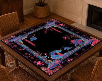 Mahjong Mat, Black Chinoiserie Non-Slip Roll-Up Mah Jongg Play Surface, Bold Game Night Gift,Lunar Dragon Lantern