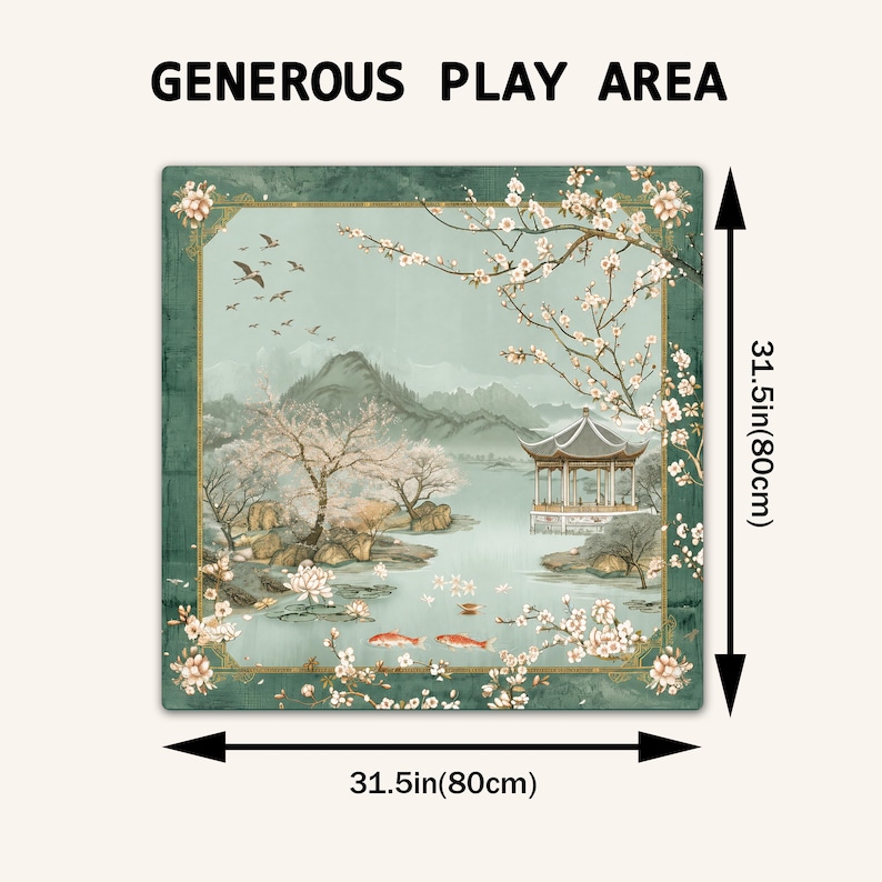 May include: A square play mat featuring a landscape illustration with a pavilion, cherry blossoms, and koi fish. The text 'GENEROUS PLAY AREA' is at the top. Measuring tape indicators show dimensions of 31.5 inches by 31.5 inches on the sides.