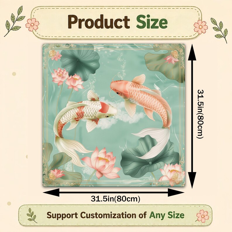 K&ouml;nnte beinhalten: Quadratische Illustration mit zwei Koi-Karpfen in einem Teich mit Lotusblumen und -bl&auml;ttern. Das Kunstwerk ist 80 cm gro&szlig;. Der Text "Product Size" und "Support Customization of Any Size" sind zu sehen.