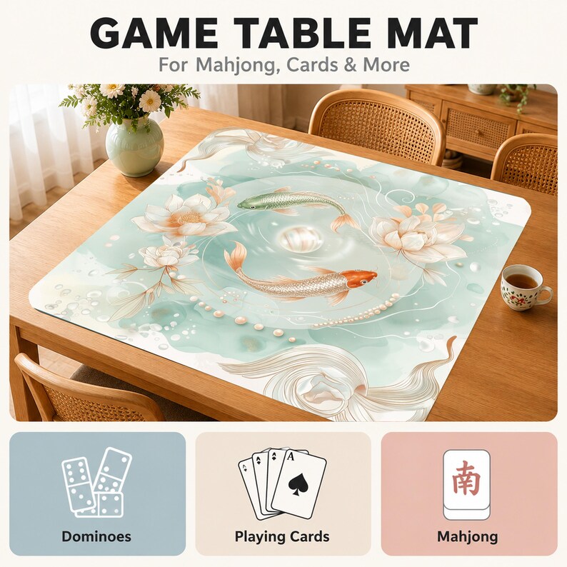 Puede incluir: Un tapete de juego cuadrado con un dise&ntilde;o de acuarela en verde claro y blanco que muestra dos peces koi, flores de loto y un collar de perlas. El texto dice GAME TABLE MAT For Mahjong, Cards & More, con iconos de domin&oacute;, cartas y mahjong.