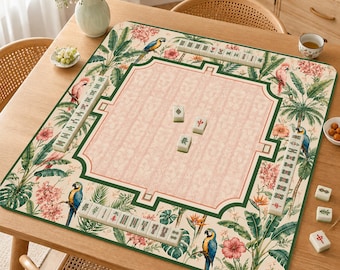 Mahjong Mat, Pink Floral Mah Jongg Table Mat, Palm Leaf Game Mat, Gift for Mahjong Lovers，Tropical Parrot