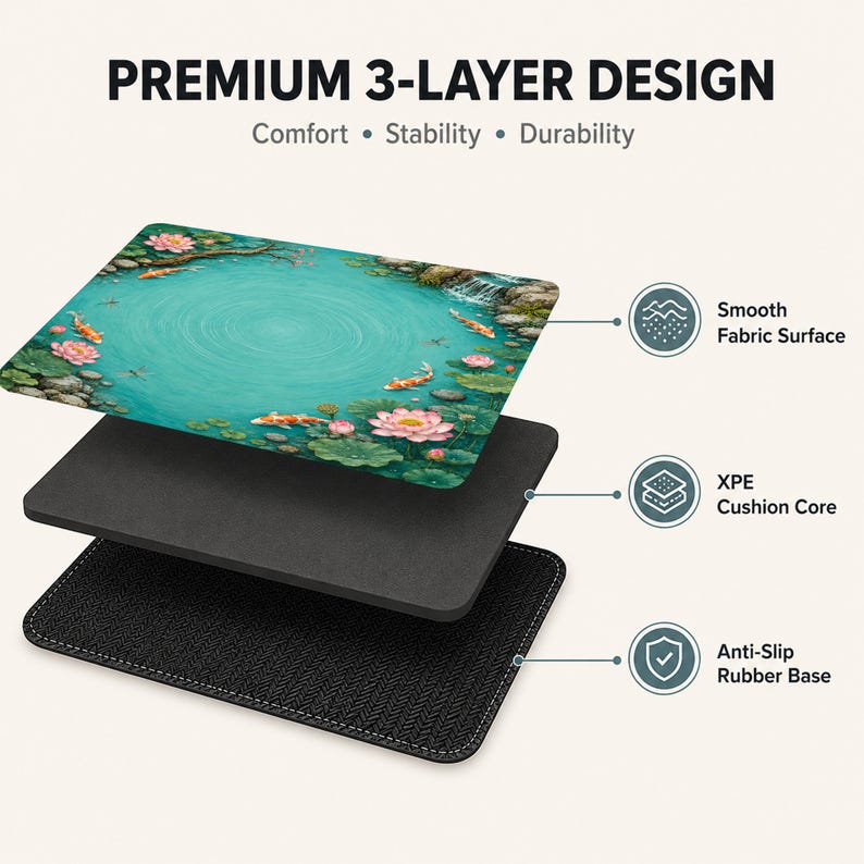 K&ouml;nnte beinhalten: Ein rechteckiges Mauspad mit 3-Schichten-Design, dessen Oberfl&auml;che einen Teich mit Koi-Fischen und Lotusblumen zeigt. Der Text umfasst PREMIUM 3-LAYER DESIGN, Comfort, Stability, Durability, Smooth Fabric Surface, XPE Cushion Core und Anti-Slip Rubber Base.