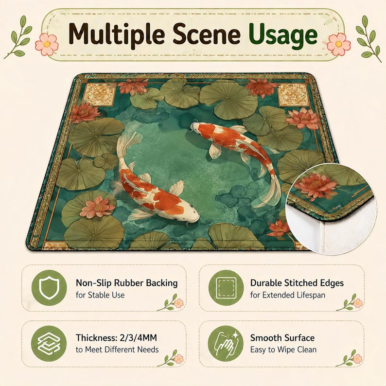May include: Rectangular rug featuring a koi pond design with two orange and white koi fish, lily pads, and lotus flowers. The rug has a green border and the text "Multiple Scene Usage". It has non-slip rubber backing, durable stitched edges, and a smooth surface.