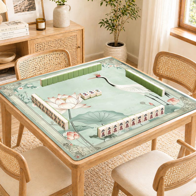 May include: A wooden mahjong table with a light green mat featuring a crane, lotus flowers, and Chinese characters. The table is surrounded by four rattan chairs and is set up for a game.