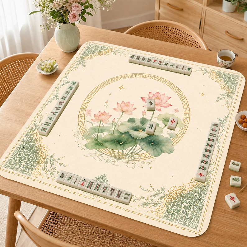 May include: A square mahjong mat with a cream-colored surface featuring a central circular border and a watercolor-style lotus flower illustration. The mat includes green decorative corner patterns and several mahjong tiles arranged in rows.