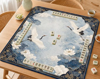 Mahjong Mat, Blue Lotus Mah Jongg Game Mat, Asian Art Mahjong Lover Gift,Elegant Crane