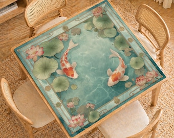 Mahjong Mat,Non-slip Tabletop Mat,Elegant Asian Water Garden Design, Gift for Mahjong & Board Game Lovers,Lotus Pond Koi