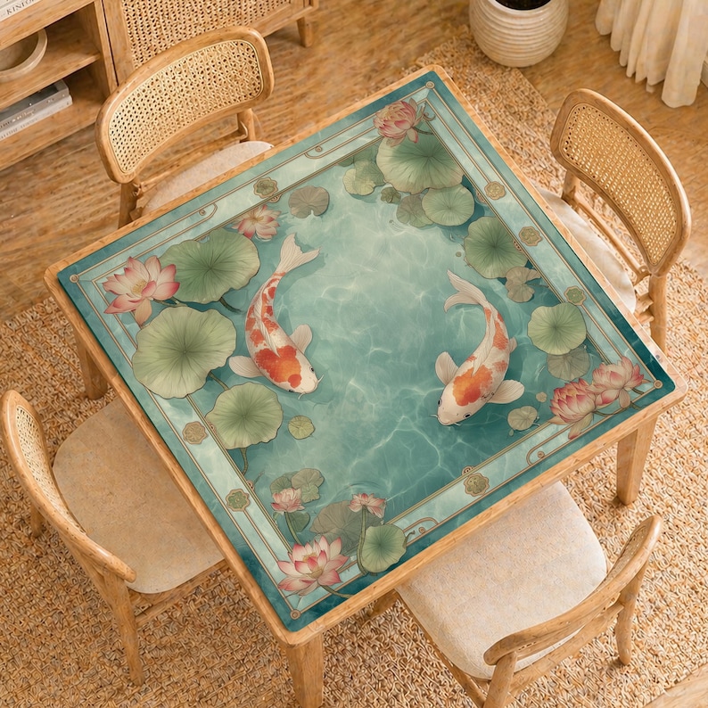 May include: Square wooden table with a decorative top featuring a koi pond design. The design includes two koi fish, lotus flowers, and lily pads in a teal-colored water setting. The table is surrounded by four wooden chairs with woven backs.