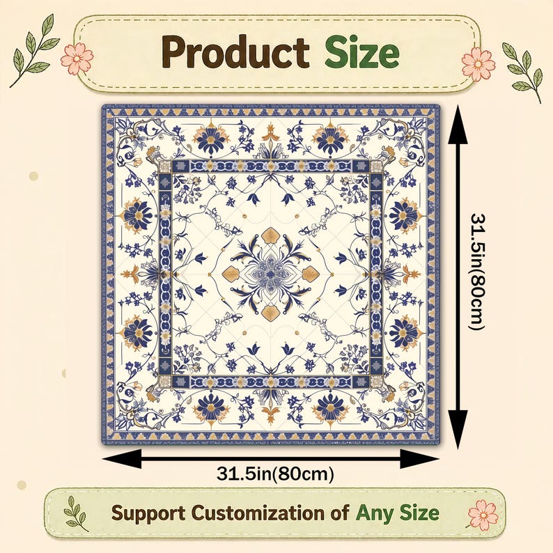 May include: Square patterned rug with a cream background and blue and gold floral designs. The rug measures 31.5 inches (80cm) on each side. The text "Product Size" and "Support Customization of Any Size" are displayed.