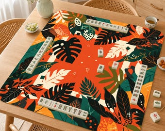 Tropical Jungle Mahjong Mat, Modern Botanical Mah Jongg Mat, Bold Orange Palm Leaf Game Table Mat, Tropical Decor Gift
