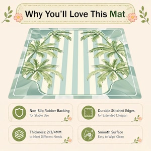 Pode incluir: Um tapete retangular com um design tropical com palmeiras e listras verticais em tons de verde e branco. O tapete tem um suporte de borracha antiderrapante, bordas costuradas dur&aacute;veis e uma superf&iacute;cie lisa e f&aacute;cil de limpar. O texto "Why You'll Love This Mat" est&aacute; no topo.