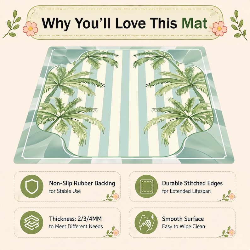Pode incluir: Um tapete retangular com um design tropical com palmeiras e listras verticais em tons de verde e branco. O tapete tem um suporte de borracha antiderrapante, bordas costuradas dur&aacute;veis e uma superf&iacute;cie lisa e f&aacute;cil de limpar. O texto "Why You'll Love This Mat" est&aacute; no topo.