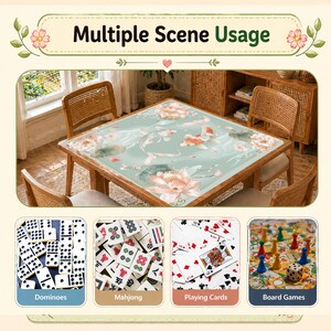 May include: A square wooden table with a floral and koi fish design, surrounded by four chairs. The image also shows examples of games like dominoes, mahjong, playing cards, and board games. The text reads "Multiple Scene Usage."