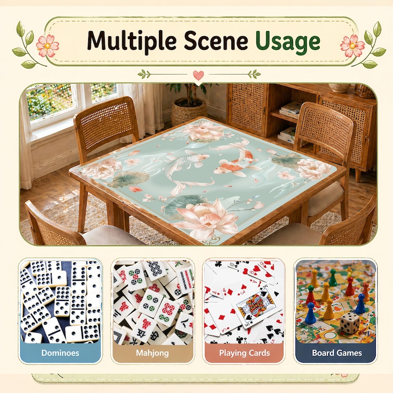 May include: A square wooden table with a floral and koi fish design, surrounded by four chairs. The image also shows examples of games like dominoes, mahjong, playing cards, and board games. The text reads "Multiple Scene Usage."