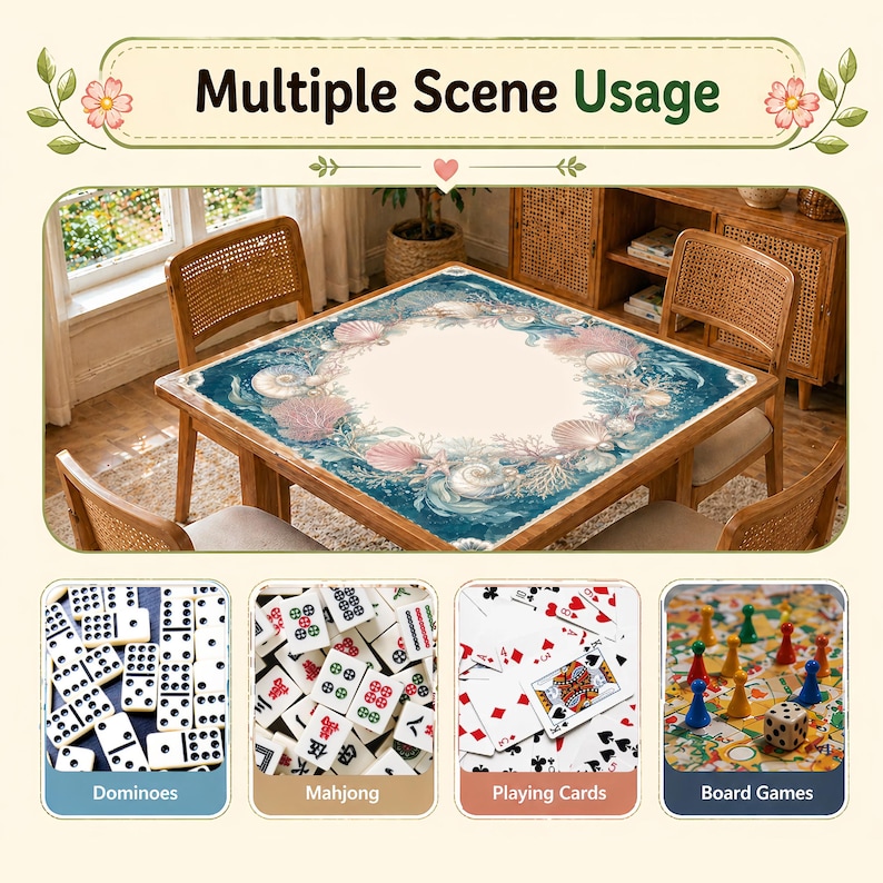 May include: A square table with a seashell design, surrounded by four chairs. The image shows the table being used for various games, including dominoes, mahjong, playing cards, and board games. The text "Multiple Scene Usage" is at the top.