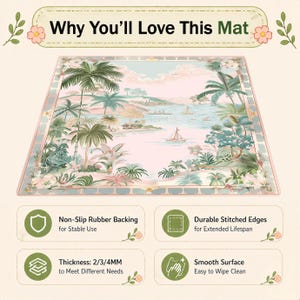 May include: A rectangular mat with a tropical landscape design in shades of pink, green, and blue. The mat features palm trees, sailboats, and a coastal scene. Text on the mat reads "Why You'll Love This Mat" and highlights features like non-slip backing and a smooth surface.