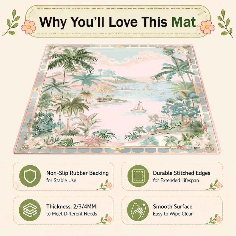 May include: A rectangular mat with a tropical landscape design in shades of pink, green, and blue. The mat features palm trees, sailboats, and a coastal scene. Text on the mat reads "Why You'll Love This Mat" and highlights features like non-slip backing and a smooth surface.