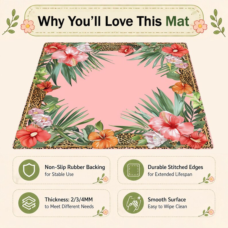 May include: A rectangular mat with a pink centre, framed by a leopard print border and tropical flowers. The mat features a non-slip rubber backing, durable stitched edges, and a smooth, easy-to-clean surface. Text reads "Why You'll Love This Mat".