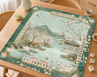 Tapis de mahjong Cherry Blossom Lake, tapis de table de mahjong paysage oriental, tapis de mahjong fleur de prunier, tapis de jeu antidérapant, cadeau jardin asiatique