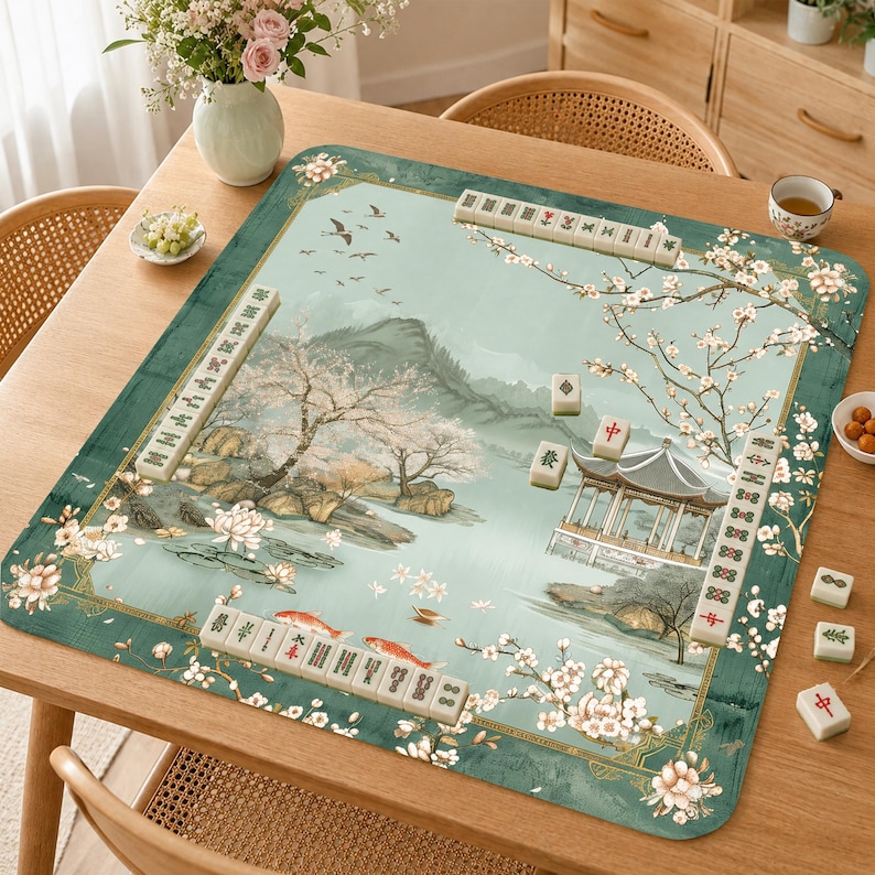 May include: A rectangular mahjong mat featuring a light green landscape illustration with cherry blossoms, a pavilion, and koi fish. The mat is decorated with rows of ivory-colored mahjong tiles arranged along the edges and center, displaying various traditional symbols and characters in red, green, and black ink.