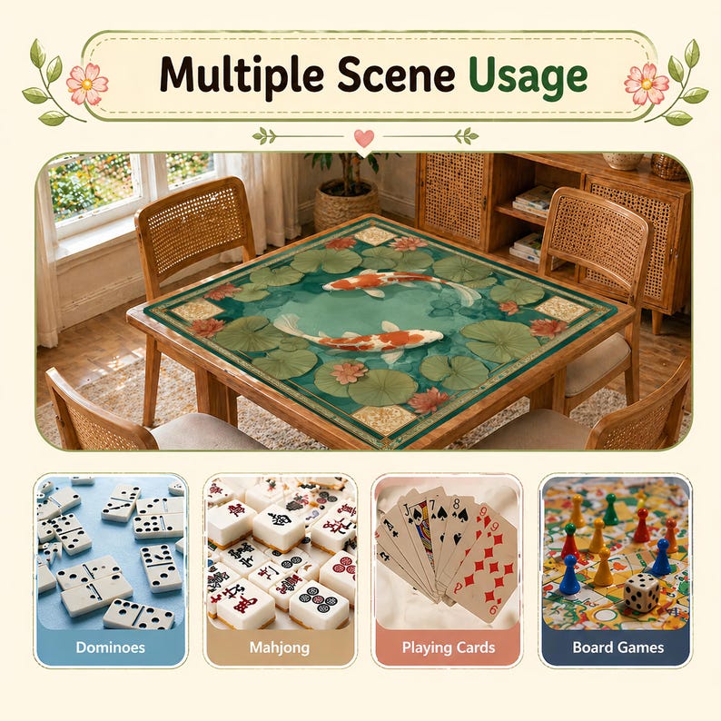 May include: A wooden game table with a koi fish design on the tabletop, surrounded by four woven chairs. The image also shows dominoes, mahjong tiles, playing cards, and a board game, with the text "Multiple Scene Usage".