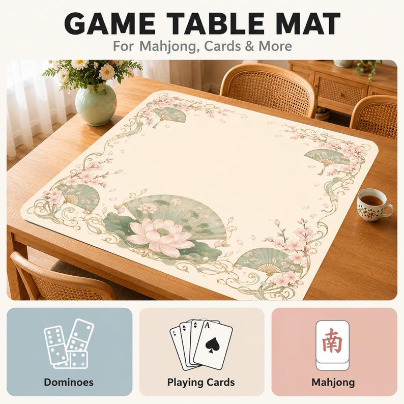 Puede incluir: Un tapete de juego cuadrado con superficie color crema y un borde de flores de loto rosas, hojas verdes y abanicos. El texto GAME TABLE MAT For Mahjong, Cards & More aparece arriba, con iconos de domin&oacute;, cartas y mahjong en la parte inferior.