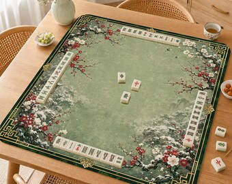 Mahjong Mat, Green Chinoiserie Mah Jongg Table Mat, Elegant Asian Floral Game Mat, Gift for Mahjong Lovers,Winter Plum Blossom