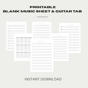 May include: Printable blank music sheets and guitar tabs. The image shows several white sheets of paper with musical staff lines and guitar chord diagrams. The text at the top reads "PRINTABLE BLANK MUSIC SHEET & GUITAR TAB". The bottom text says "INSTANT DOWNLOAD".