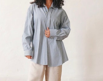 Vintage 90s green striped shirt cotton long sleeve button down boyfriend shirt