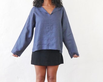 Vintage 90s linen tunic shirt blue minimalist top