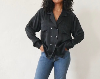 Vintage 90's Black Silk Blouse Button Front Silky Top