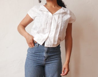 70s White Eyelet Blouse Vintage Cotton Boho Top