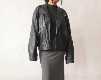 Black leather bomber jacket 80s oversized slouchy jacket