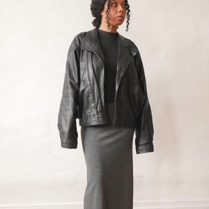 Black leather bomber jacket 80s oversized slouchy jacket image 1