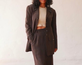 Vintage silk two piece blazer set 90s Dana Buchman skirt set silk brown